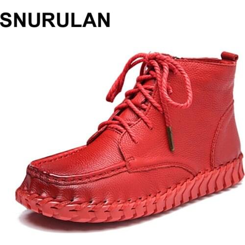 SNURULAN Spring and autumn new fashion shoes woman handmade genuine leather boots ladies lace-up ankle boots womens winterbootS