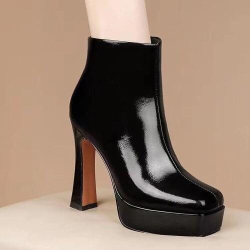 Fashion Leather Ankle Boots for Women Autumn Winter Square Toe Side Zipper Boots Ladies Shoes Platform Boots New
