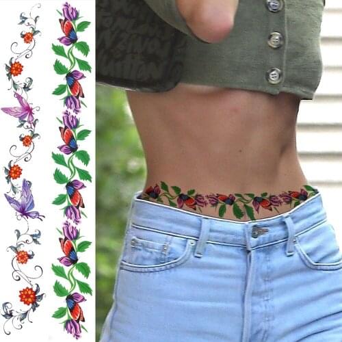 Flower Vines Temporary Tattoos For Women Girls Long Butterfly Tattoo Sticker Fake Watercolour Body Art Painting Waist Tatoo Sexy