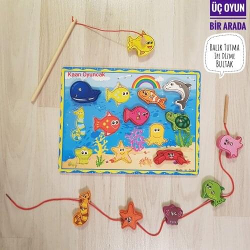 Montessori Wooden Fish Catching Game Wood Puzzle Colorful Jigsaw Magnet Fishing And Stringing educational Creative Game
