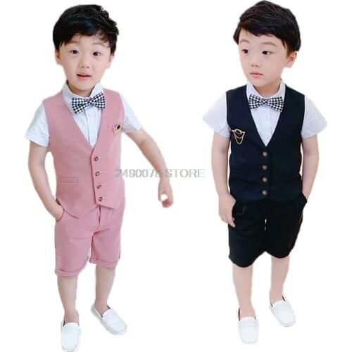 2020 Kids Vest +Shorts 2Pcs Suit Flower Boys Formal Birthday Tuxedos Dress Kids Spring School Host Dance Suit Clothing Set