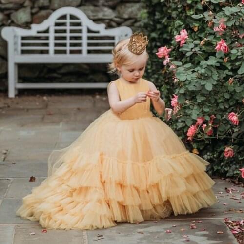 Gold Princess Girls Dresses for Birthday Party Flower Girl Dress for Wedding with Train Cute Baby Ball Gowns 1-14Y