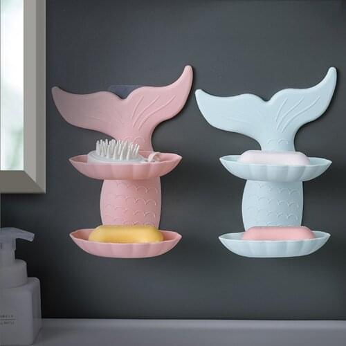 Mermaid Fish Shape Soap Box Double Layers Bathroom Shower Soap Holder Punch-free Soap Box Bathroom Sucker Wall Draining Shelf