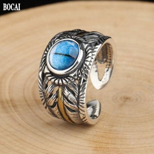 BOCAI New Real S925 Silver Jewelry 2021 Trend Retro Personality Inlaid Crystal Eyes Man and Woman Feather Ring