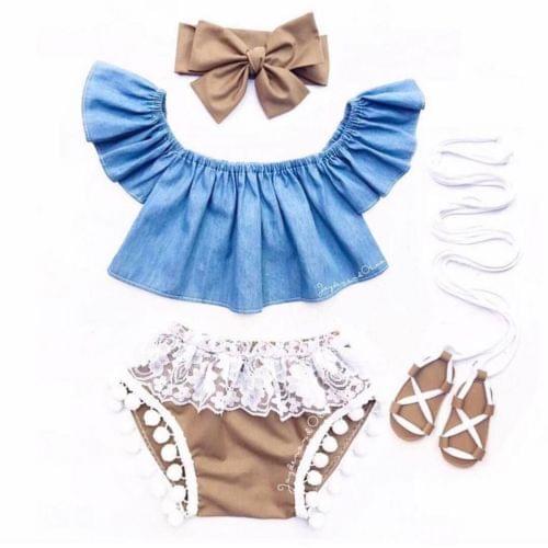 Baby Newborn Toddler Clothes Sets Solid Top Bowknot Infant Baby Girl Fly Sleeve Denim Top Lace Shorts Clothes Infant 3Pc Outfit
