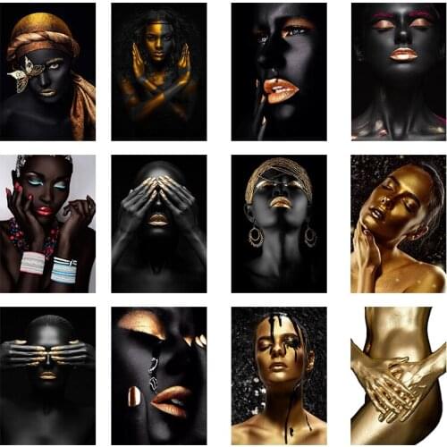 Cuadros Scandinavian Posters and Prints Living Room Wall Art Images African Art Black and Gold Female Oil Painting on Canvas