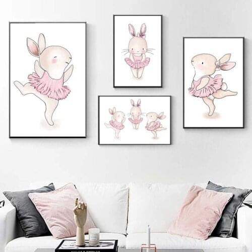 Cute Watercolor Pink dancing Rabbit Decorative Painting Bedroom Childrens Room Decoration Mural Kindergarten Canvas Wall Art