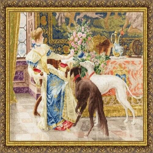 Fashional Embroidery the Lady with the Greyhounds Cross Stitch Borders with 14CT Aida Counted Canvas & Free Shipping for Gifts