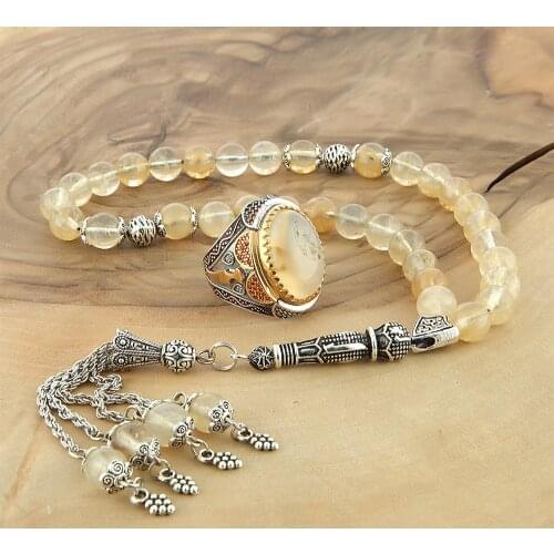 925 sterling Kerchief Agate Tesbik Ring Male Set