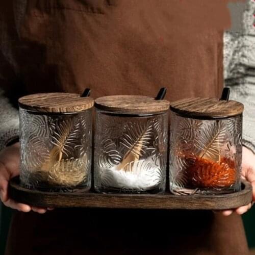 Set Nordic Style Glass Seasoning Jar Salt Sugar Bowl Kitchen Seasoning Box Seasoning Bottle Home Set Kitchen Accessories 3Pcs