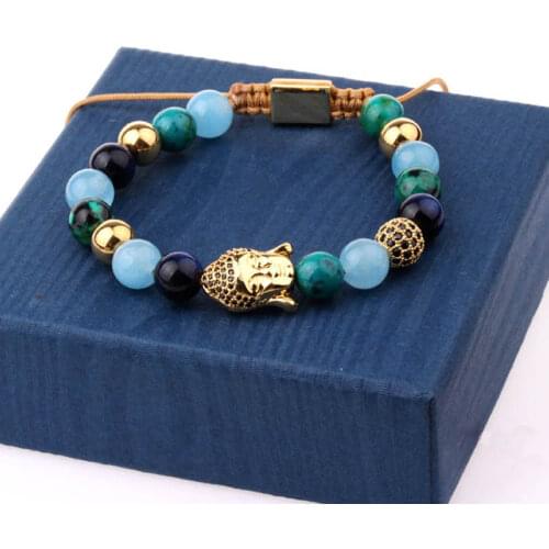 New Fashion CZ Micro Pave Buddha Charm Women Jewelry Bracelet Natural Stone Beads Woven Bracelet Bangle Lady