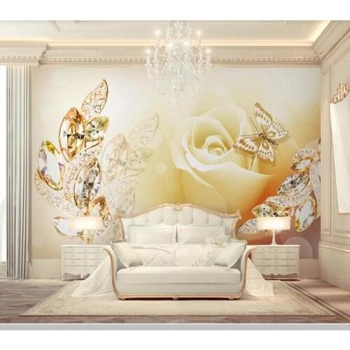 Papel de parede Golden rose crystal leaves 3d stereo jewelry flower wallpaper,living room bedroom wall papers home decor mural