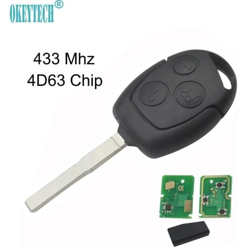 OkeyTech for Ford 3 Button 433Mhz 4D63 40/80 Bit Transponder Chip Remote Control Car Key for Ford Focus Fiesta Uncut HU101 Blade