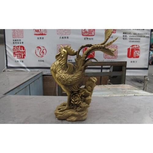 Wholesale factory Chinese Brass Copper Feng Shui Flowers Auspicious chanticleer Chicken Statue 25% off