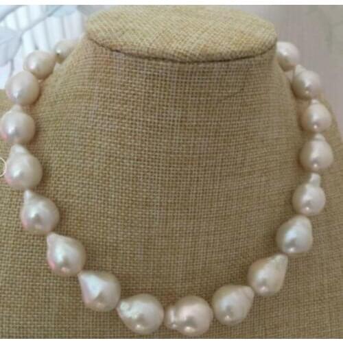 Natural 12-14mm white South Sea Baroque pearl necklace 18" silver clasp