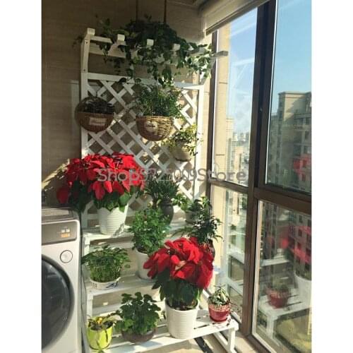Balcony flower stand solid wood multi-layer ladder anticorrosive wood indoor plant white wooden grid green plant flower pot shel