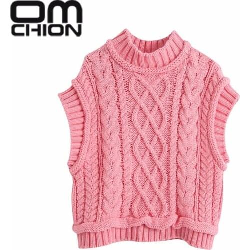 OMCHION Fashion Candy Color Pullover 2021 O Neck Korean Knitted Vest Women Casual Twist Sleeveless Sweater Vest Pink Top BN54