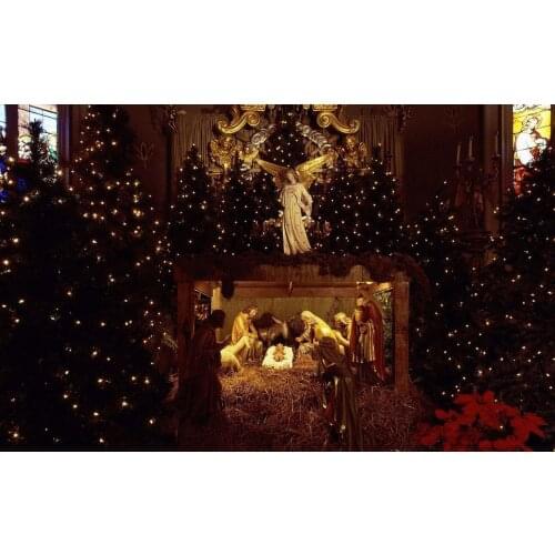 Christmas cottage decorations tree jesus snow backdrops High quality Computer print wall background