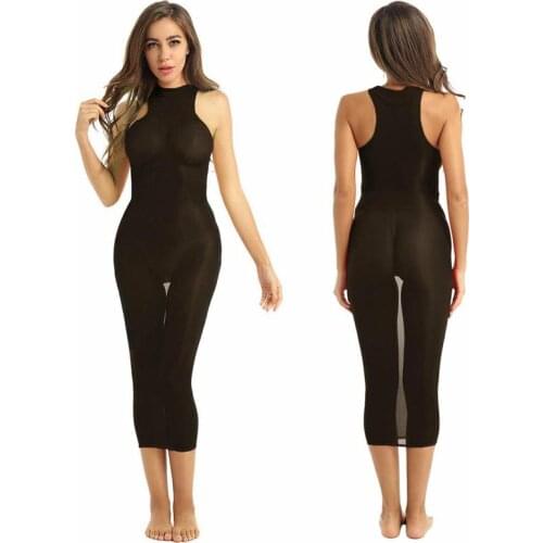 Sexy Women Glossy Stretch Midi Dress See Through Turtle Neck Tank Sleeveless Babydoll Nightclub Dress