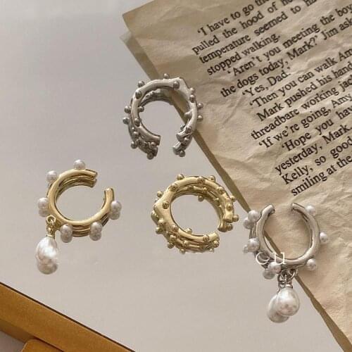 2pcs/set Korean Gold Silver Color Geometric Circle Earcuff Fake Piercing Pearl Earrings for Women New Ear Clip on Earring Jewelr