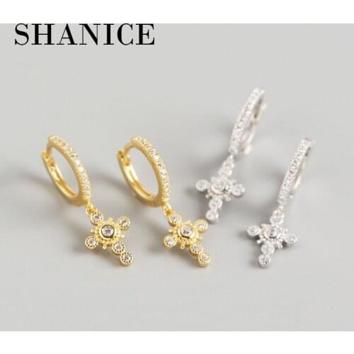 SHANICE 100% 925 Sterling Silver Small Hoop Earrings for Women Cross Zircons Earrings 2020 Lady Girl CZ Crystal Earings