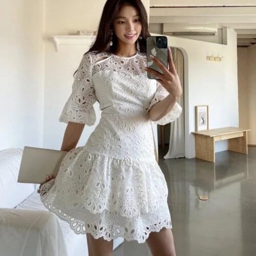 ZAWFL Women Dress Temperament Lace Dresses Puff Sleeve Hollow Out Ruffles Vintage Dress Short Sleeve High Waist Mini Dresses New
