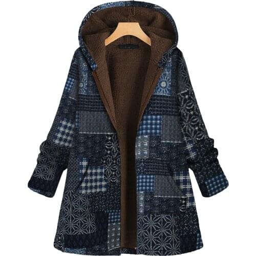 Women Vintage Flowers Print Fleece Hooded Plus Size Long Sleeve Jacket Coat Outerwear Warm Thick Female Hoodies Jackets