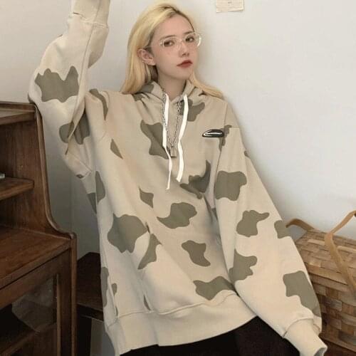 2021 Autumn Casual Cow pattern Printed Womens Hoodies Y2K Oversize Pocket Long Sleeve Sweatshirt Plus Size Pullover Clothing
