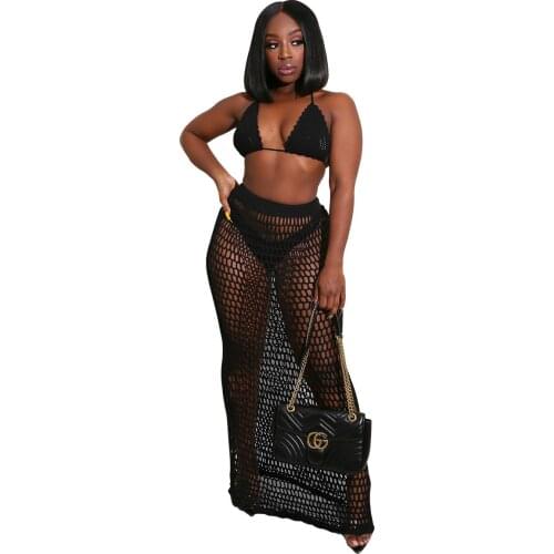 S-XL Womens Beach Bikini Swimsuit Cover up Mesh Crop Top Split Long Skirt Two Piece Outfits
