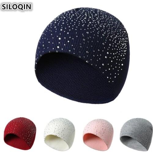 SILOQIN Rhinestone Headwear Decoration Warm Beanie Hats For Women New Style Autumn Winter Womens Fashion Knitted Wool Ski Cap