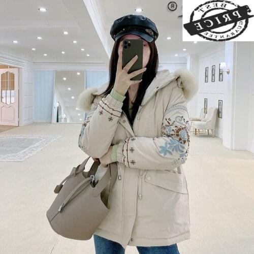 Quality Winter High Real Fox Fur Hooded Womens Down Jacket Woman Parkas 2021 Embroidery White Duck Down Coat Female a112