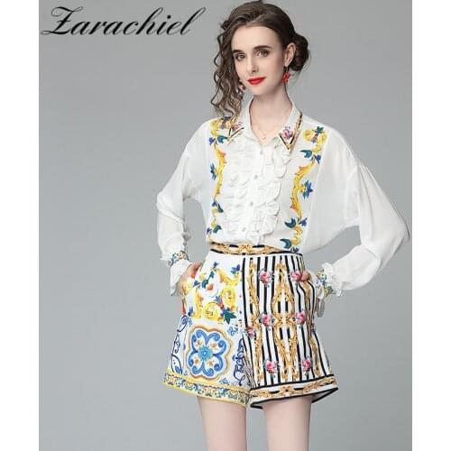 Summer Floral Print Chiffon Two Piece Set Women Ruffle Flare Sleeve Loose Shirt Blouse + Pocket Wide Leg Shorts Vacation Outfits