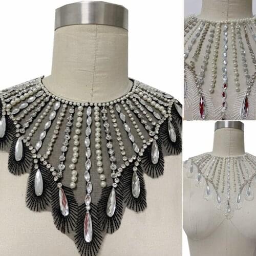 1 Piece White Black Appliques Sew On Patches Lace Fabric Neckline Collar Mesh Bead Sequins Rhinestones Collars DIY Decoration