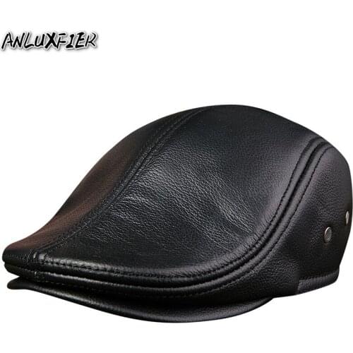 B-7175 Adult Leather Hat Female Peaked Cap Natural Skin Hat Mens Warm Ear Protective Natural Leather Hats New Year Gift