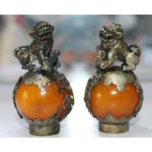 Dragon Old Tibet Silver Hand Carved yellow jade Dragon Phoenix Ball Lion Statue Pair wholesale factory BRASS Arts outlets