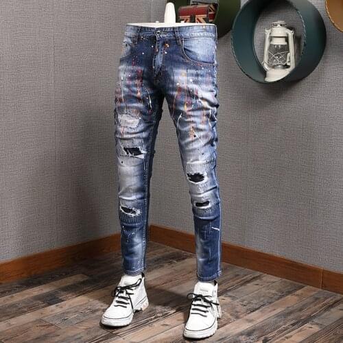 European American Street Fashion Men Jeans Retro Blue Painted Designer Slim Ripped Jeans Men Patchwork Hip Hop Denim Punk Pants