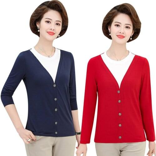 Middle Aged Womens Plus Size Mothers'Clothes T-shirts Spring Long Sleeve Bottoming Shirts Female Fake Two Pullover Tops 5XL W15