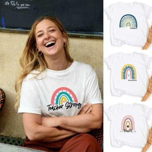 Rainbow Best Teacher Ever Print Women Graphic T Shirt Harajuku Aesthetic Short Sleeve Streetwear Teacher Life Gift Ropa De Mujer