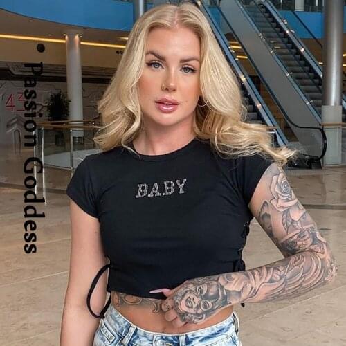 Sexy Women Rhinestone Cropped Shirt Short Sleeve Slim Side Eyelet Drawstring T Shirt Femme Cute Hot Drilling Baby Letter T-shirt