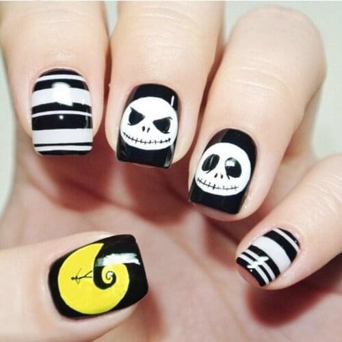 Black Skull Artificial Fake Nails Shiny False Nails Tips With Design Full Cover Manicure Tools Halloween Nail Accessories