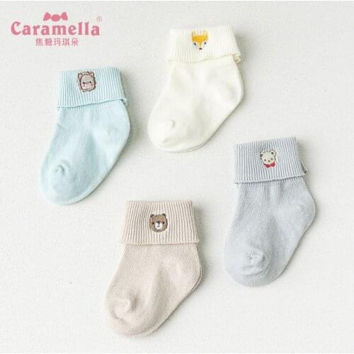 Caramella 4Pairs New Born Baby Boy Socks Combed Cotton Toddle Ankle Socks with Cartoon Bear Baby Girl Socks Refine Craftsmanship