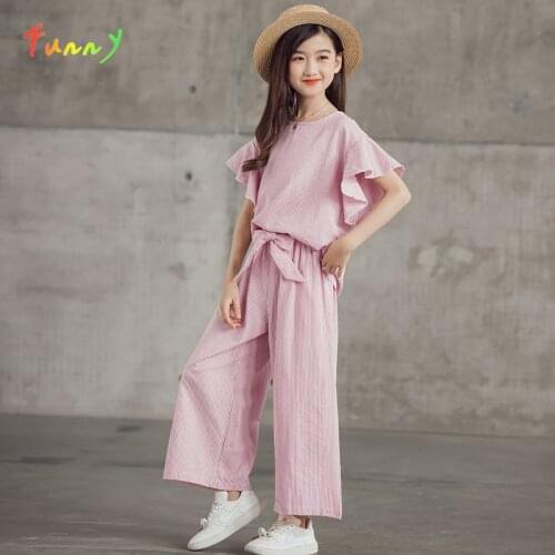 Teen Girls Clothing Set 2021 Fashion Striped Ruffle Short Sleeve Shirt + Wide Leg Pants 2PCS Sets Girls Summer Clothes Outfits