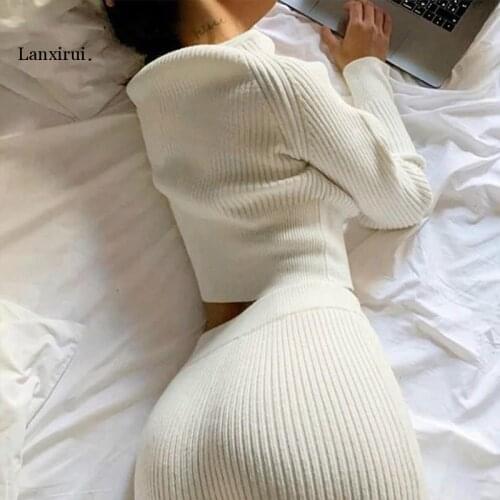 Causual Knitted Sweater Suit Sets Women Home Two Piece White Knitting Pants Suit Autumn Indoor Warm Suit Long Sleeve Home Set
