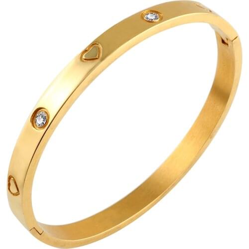 Trendy Rose Gold Plating 316L Stainless Steel Bangles Bracelets for Women Man CZ Inlaid Heart Shape Wedding Party Jewellery