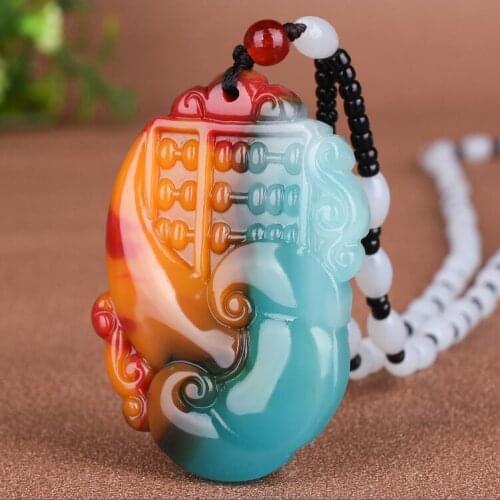 Natural Colorful Jade Ruyi Abacus Pendant Necklace Jewellery Fashion Accessories Hand-Carved Luck Amulet Gifts Sweater Chain