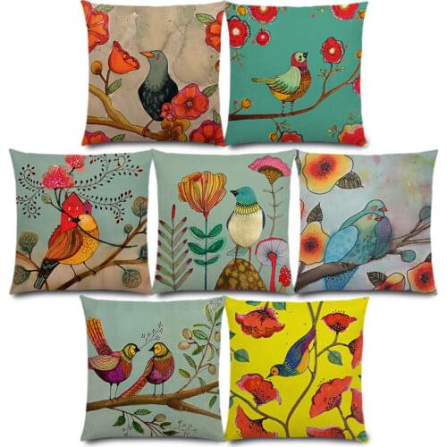 New Lovely Watercolor Little Birds Cute Colorful Flowers Music Good Mood Warm Floral Nature Life Cushion Cover Pillow Case