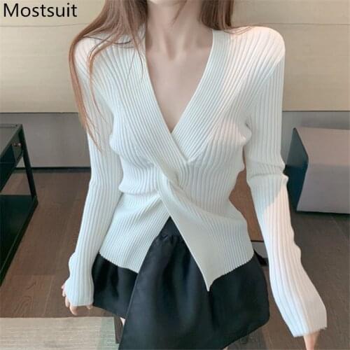 Crossed V-neck Knitted Sweater Pullover Women Full Sleeve Solid Slim High Stretch Tops Streetwear Fashion Female Jumpers 2021