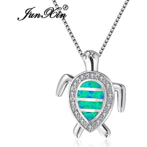 JUNXIN Cute Water Drop Shape Blue/White Fire Opal Turtle Pendants For Women Silver Color Animal Zircon Necklace