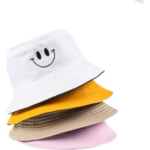2021 Double side Unisex Bucket Hat Fishing Outdoor Cap Women Bucket Fishing Hat Sunscreen Smile Face Embroidery Fisherman Hat
