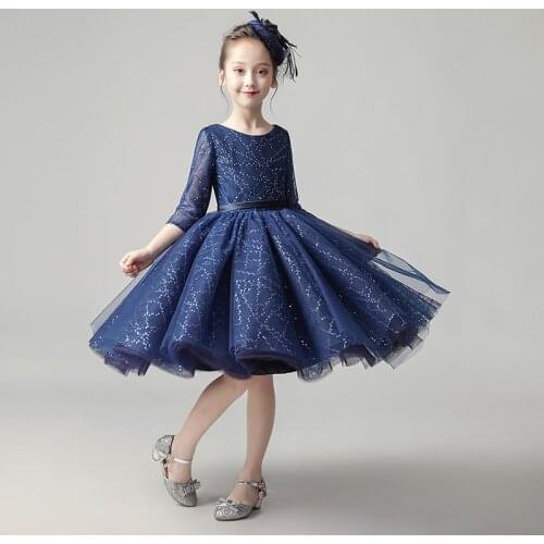 Flower Girl Dress Elegant Illusion Sequined Half Princess Knee-Length Luxury Blue O-Neck Lace Tulle Lovely Kids Party Gown H197